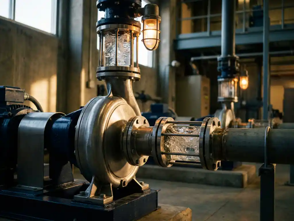 Roestvrijstalen centrifugaalpomp op industriële leidingen met zichtbaar stromend water door transparante meetfittingen.