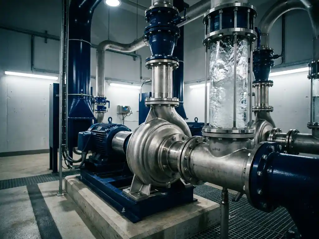 Centrifugaalpomp op industriële leidingen met water dat omhoogstuwt door een transparante verticale pijpsectie in een pompstation.