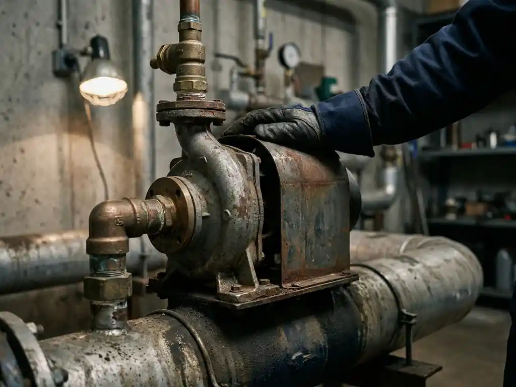 Technicus inspecteert verweerde centrifugaalpomp met versleten messing fittingen en grijze metalen behuizing op industriële leidingen.