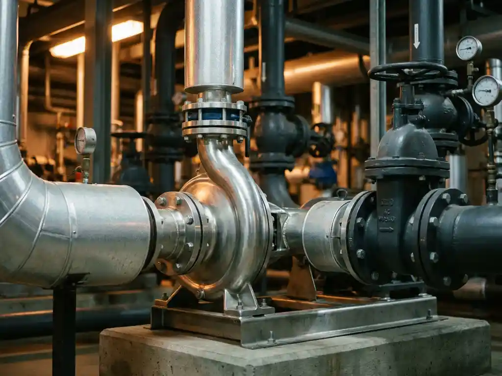 Industriële centrifugaalpomp van gepolijst roestvrij staal in een chemische verwerkingsinstallatie, omgeven door leidingwerk en manometers.