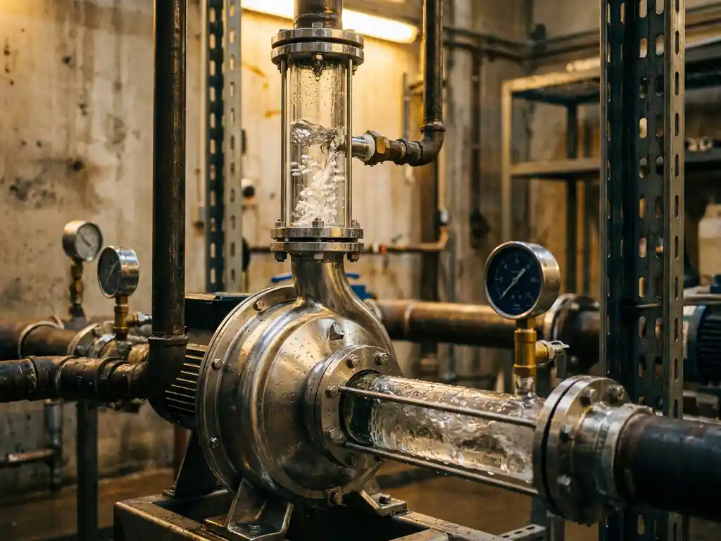 Roestvrijstalen centrifugaalpomp in industrieel leidingsysteem met stromend water, drukmeters en amberkleurig werkplaatslicht.