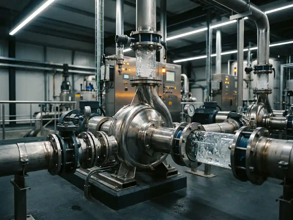 Roestvrijstalen centrifugaalpomp met leidingen en kleppen in een industriële waterbehandelingsinstallatie.