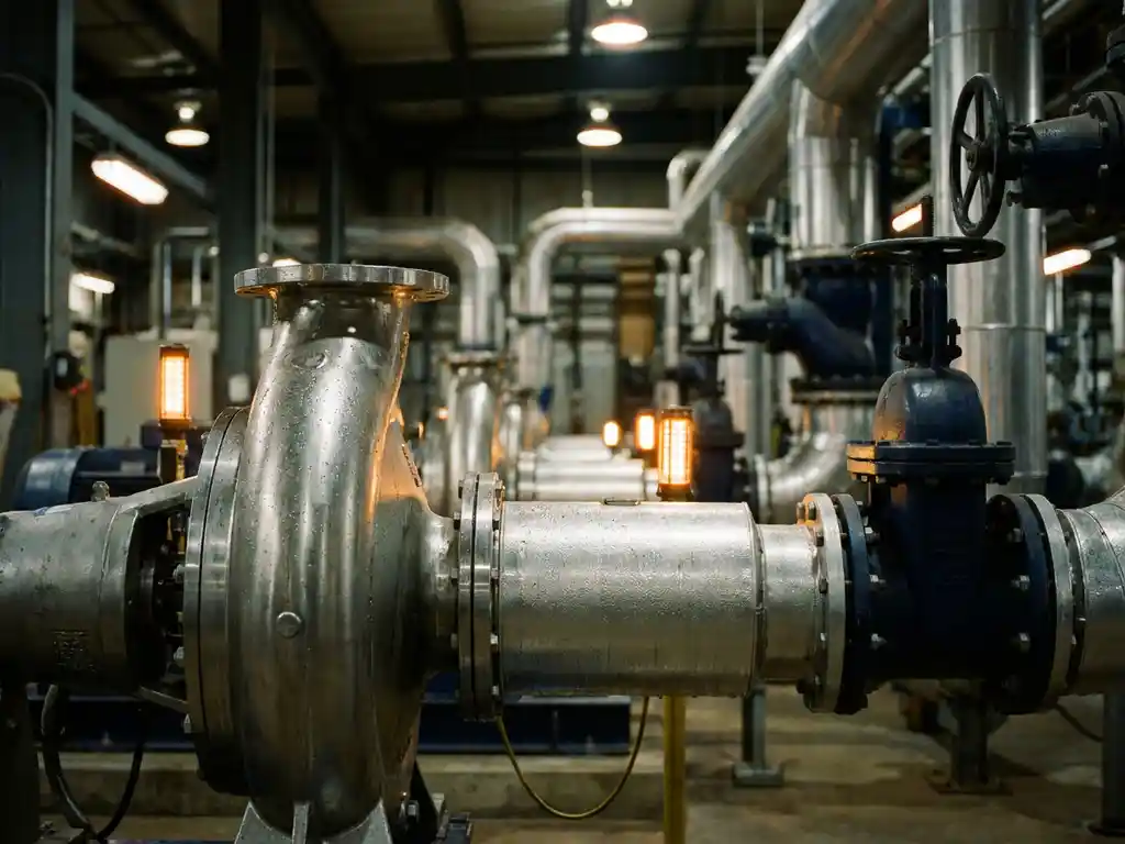 Grote centrifugaalpomp met gepolijst stalen behuizing in een industriële installatie, omgeven door leidingen en kleppen met condensdruppels.