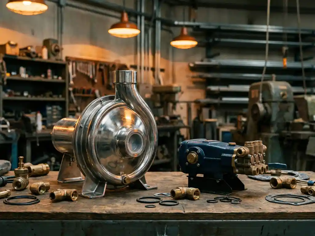 Roestvrijstalen centrifugaalpomp en zuigerpomp naast elkaar op werkbank, omringd door koperen fittingen en rubberen afdichtingen.