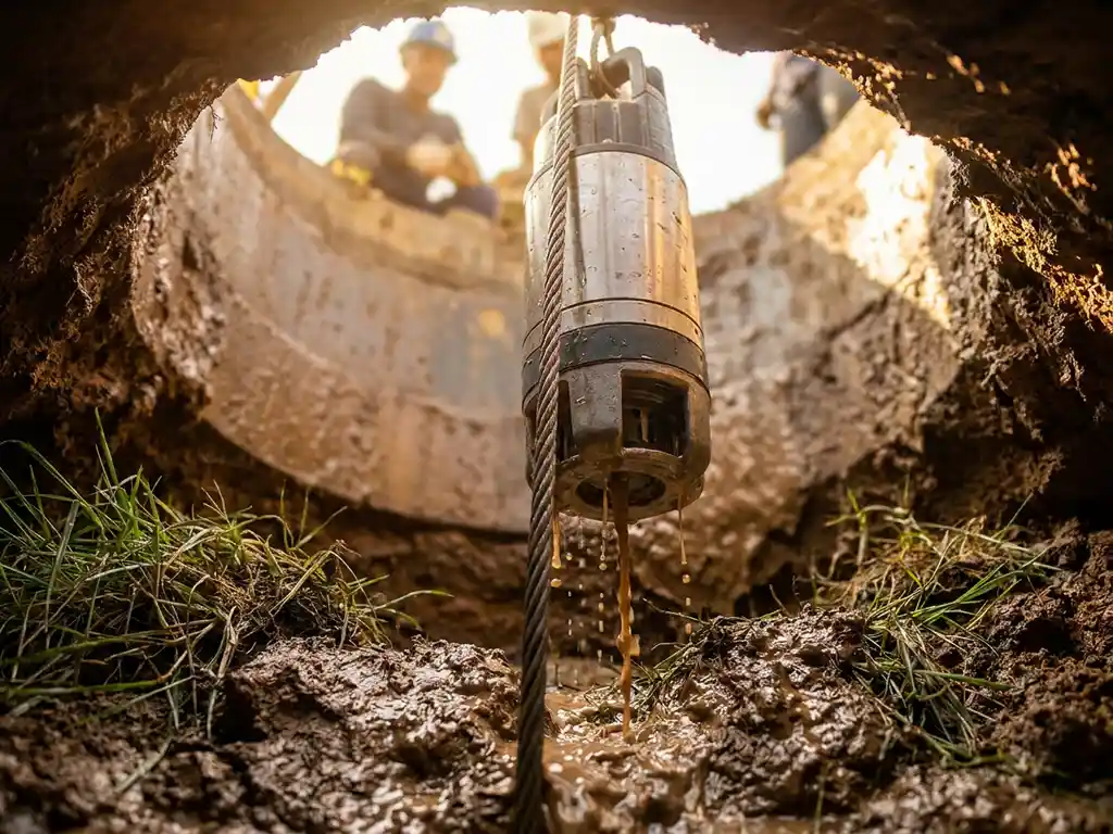 Zware dompelpomp die aan een kabel in een ronde grondwaterput wordt neergelaten, met natte kleibodem en gras langs de rand.