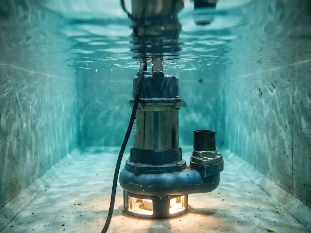Zware dompelpomp op bodem van betonnen industriële sump put, ondergedompeld in helder water met kabels omhoog lopend.