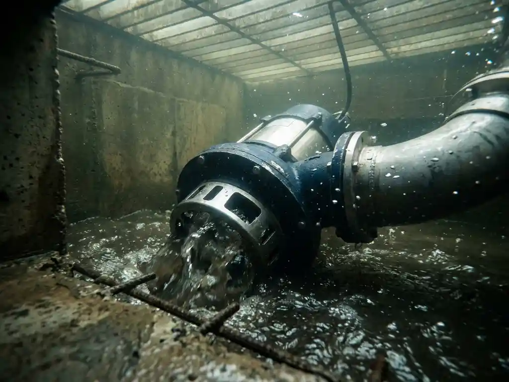 Ondergedompelde industriële dompelpomp in troebel water, omringd door betonnen afwateringsbassin met zilverachtige druppels op de metalen behuizing.