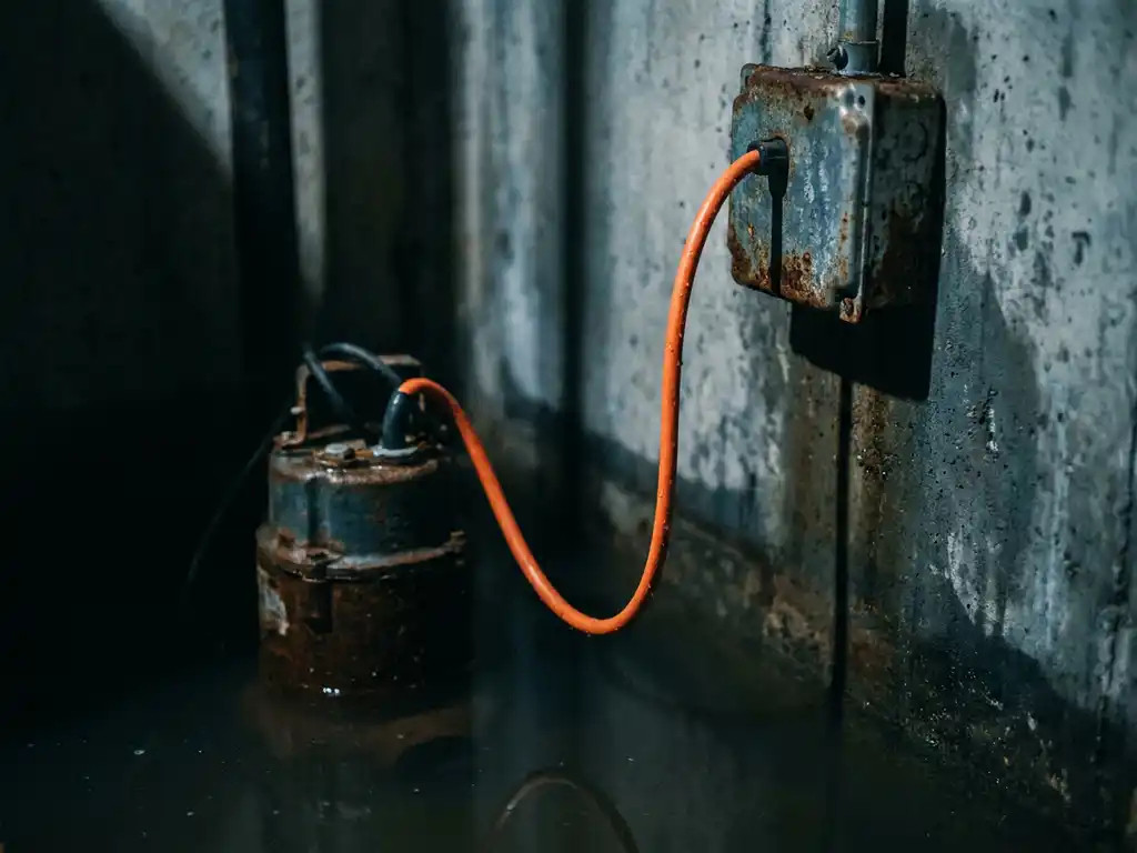 Dompelpomp in troebel water met oranje stroomkabel naar een verdeelkast op betonnen muur in industriële kelder.
