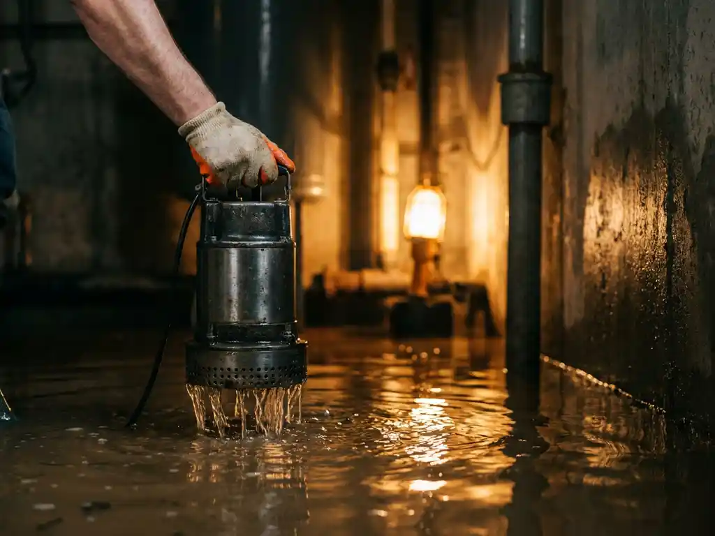 Dompelpomp geheven uit troebel overstromingswater in natte kelder, water druipt van metalen behuizing, verlicht door warm werklicht.