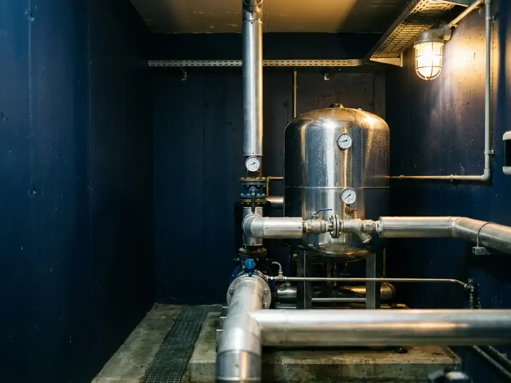 Roestvrijstalen hydrofoorpomp met drukleidingen in een industriële technische ruimte, condensatie zichtbaar op het tank oppervlak.