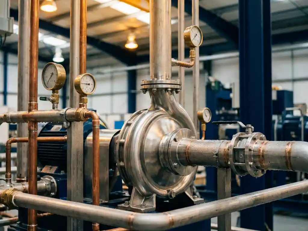 Industriële centrifugaalpomp van roestvrij staal met koperen en stalen leidingen, drukmeter en waterdruppels op fittingen in een schone fabriek.