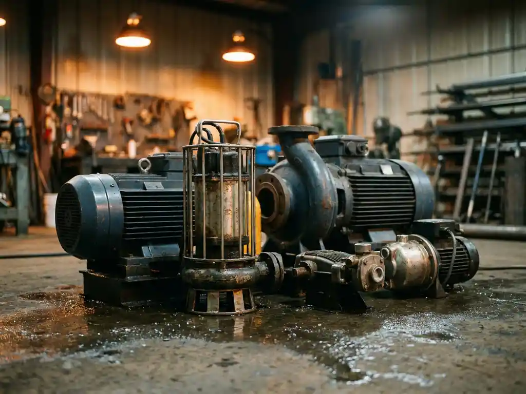 Industriële waterpomp assortiment — centrifugaal-, dompel- en drukapparaten op natte betonvloer met glisterende waterdruppels.