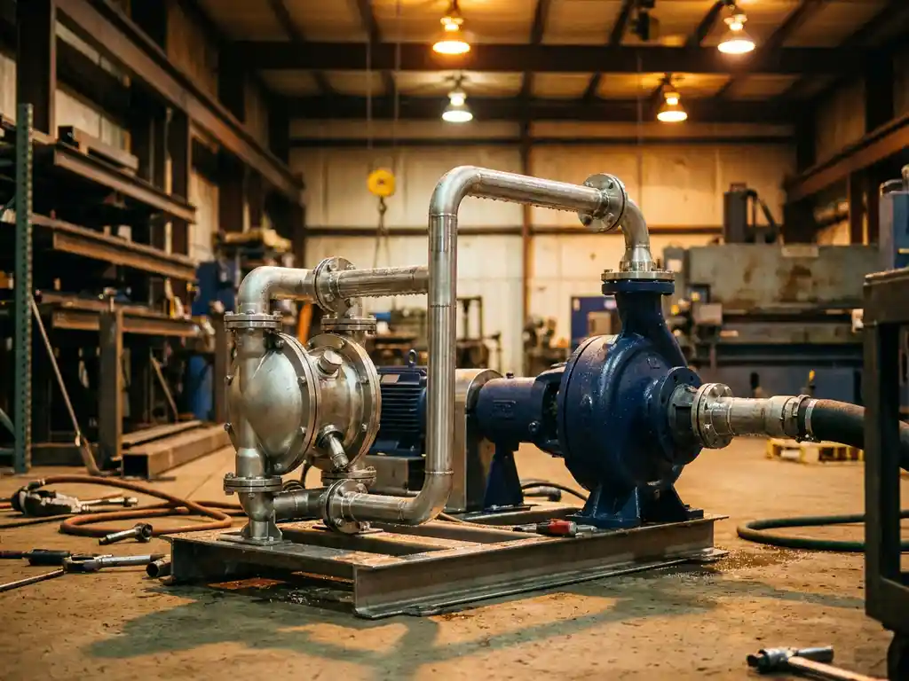 Roestvrijstalen membraanpomp en centrifugaalpomp naast elkaar op industriële werkplaatsvloer, verbonden met leidingen.