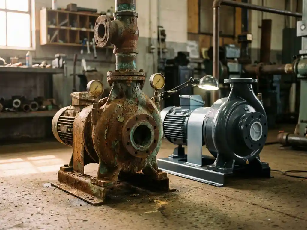 Verouderde industriële waterpomp met roestpatina naast een gloednieuwe pomp op betonnen vloer in een industriële omgeving.