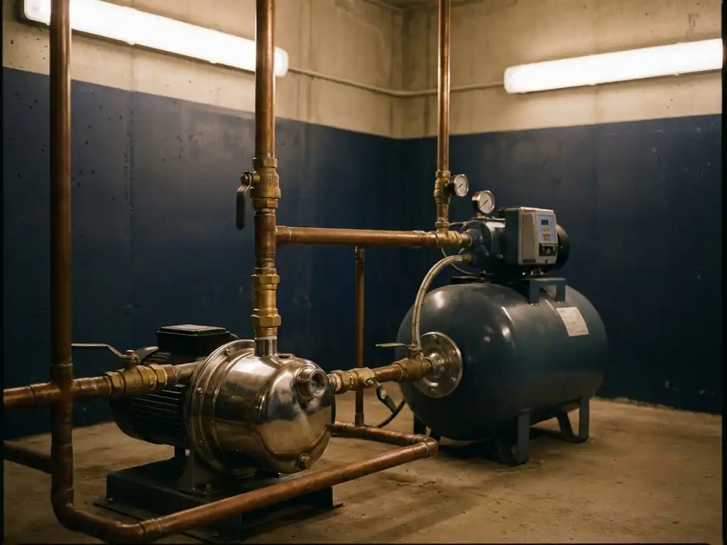 Roestvrijstalen centrifugaalpomp aangesloten op een hydrofoorinstallatie via koperen leidingen in een industriële pompruimte.