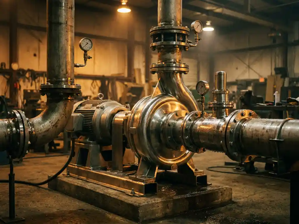 Grote roestvrijstalen centrifugaalpomp op betonnen industrievloer, omgeven door metalen leidingen en manometers met amberkleurige werkplaatsverlichting.