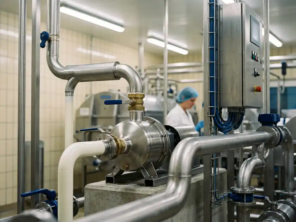 Roestvrijstalen centrifugaalpomp in een hygiënische zuivelverwerkingsinstallatie met glanzende melkpijpen en industriële blauwe accenten.