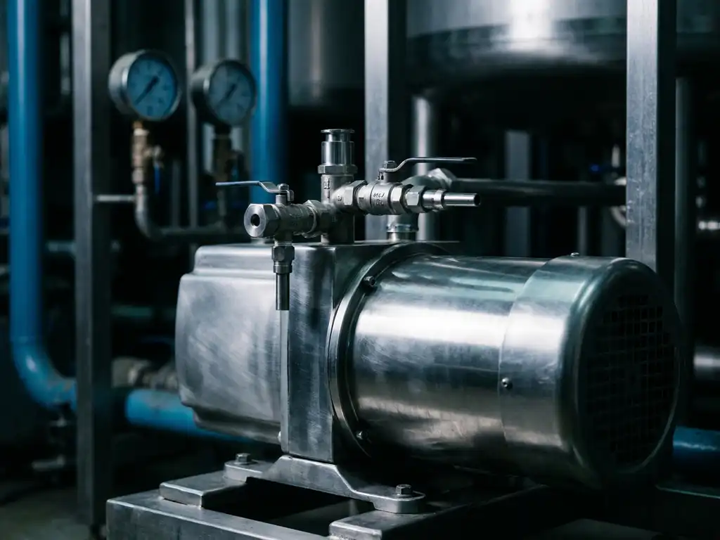 Glanzende roestvrijstalen vacuümpomp met mechanische kleppen in industriële omgeving, dramatisch zijlicht op metalen oppervlak.