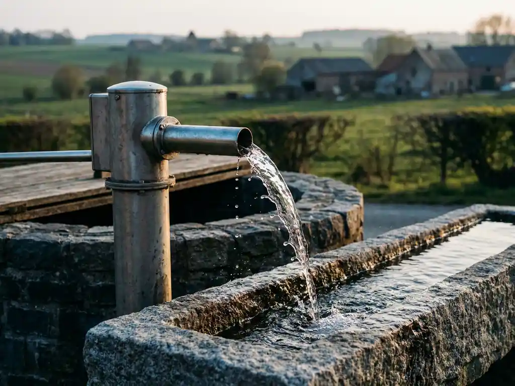 Roestvrijstalen waterpomp naast een diepe buitenput, met krachtig stromend water in een stenen goot, Belgisch landschap op achtergrond.