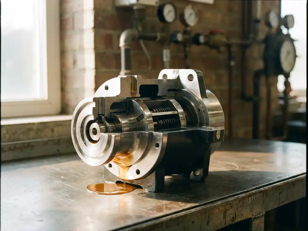 Roterende schoeppomp doorsnede op stalen werkbank, met zichtbare rotor, schoepen en hydraulische vloeistof in warm licht.