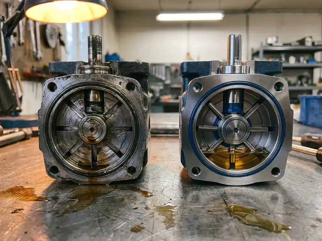 Twee doorsneden van industriële schoepenpompen naast elkaar: één versleten met onregelmatige druksporen, één nieuw en symmetrisch, met hydraulische olie in warm amberkleurig licht.