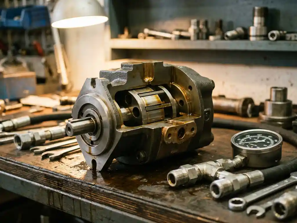 Doorsnede van een schoeppomp op een industriële werkbank, met zichtbare rotorbladen, hydraulische slangkoppelingen en stalen manometer.