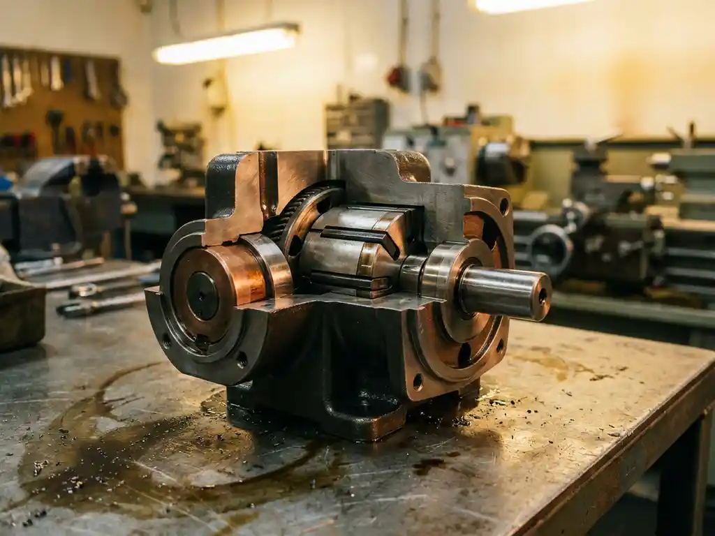 Dwarsdoorsnede van een schoeppomp op stalen werkbank, met zichtbare rotorschoepen en glanzende geoliede metaaloppervlakken.