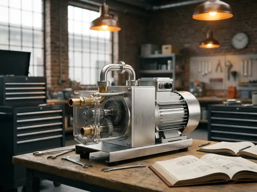 Roestvrij stalen vacuümpomp met mechanische behuizing en inlaatpoorten op een industriële werkbank in een Belgische werkplaats.