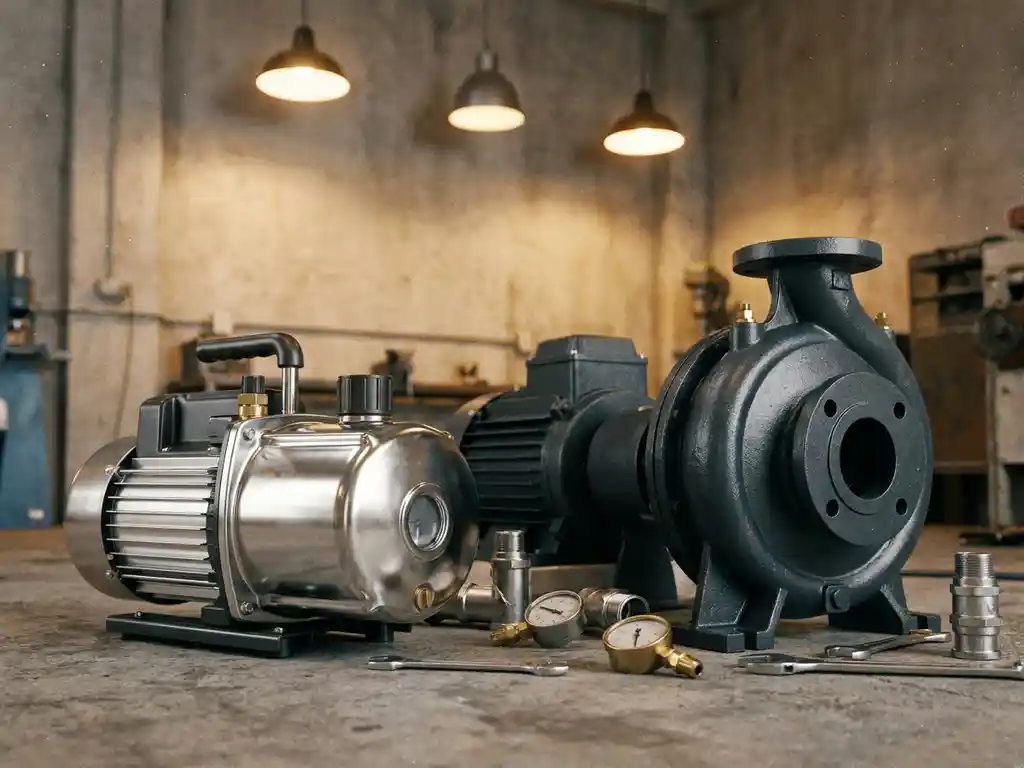 Roestvrijstalen vacuümpomp en industriële waterpomp naast elkaar op betonnen werkplaatsvloer, omgeven door pijpfittingen en manometers.